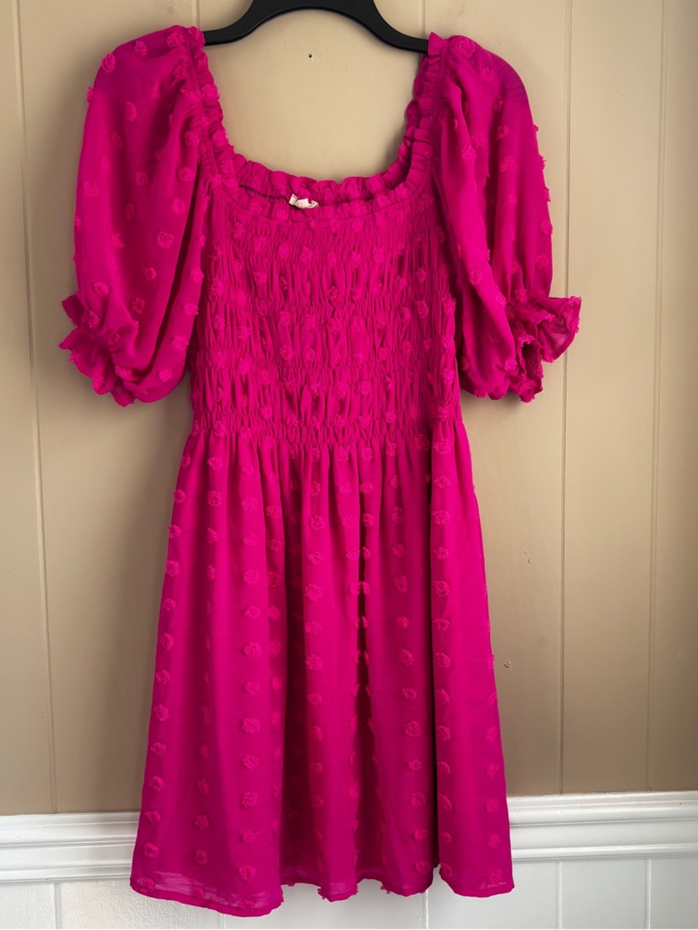 Jodifl Smocked Puff Sleeve, Swiss Dot Smocked Dress Vibrant Pink Boho - Size S